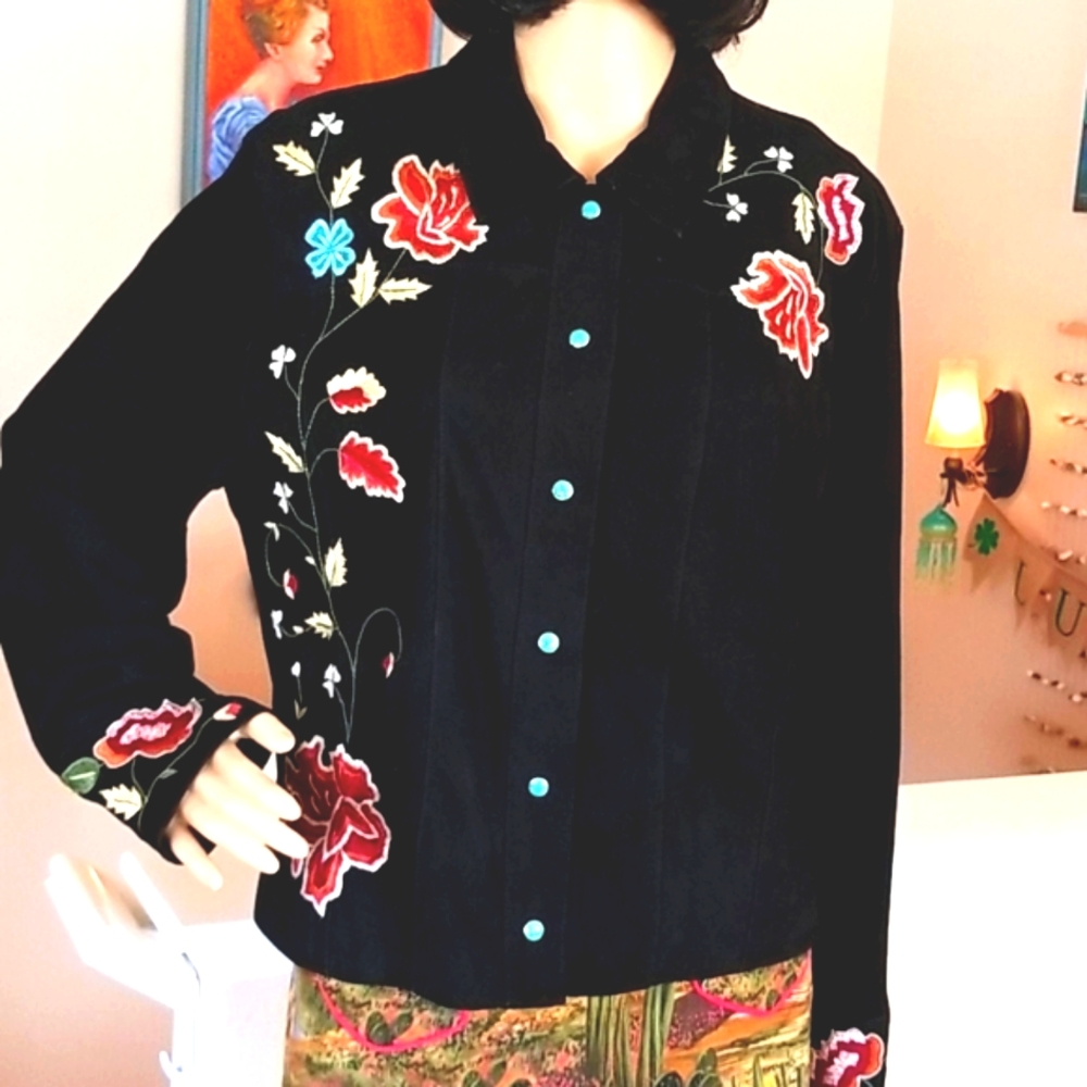 DOUBLE D RANCH DD Black Suede Leather Turq Snaps Floral Embroidery Shirt Blouse - Picture 4 of 10